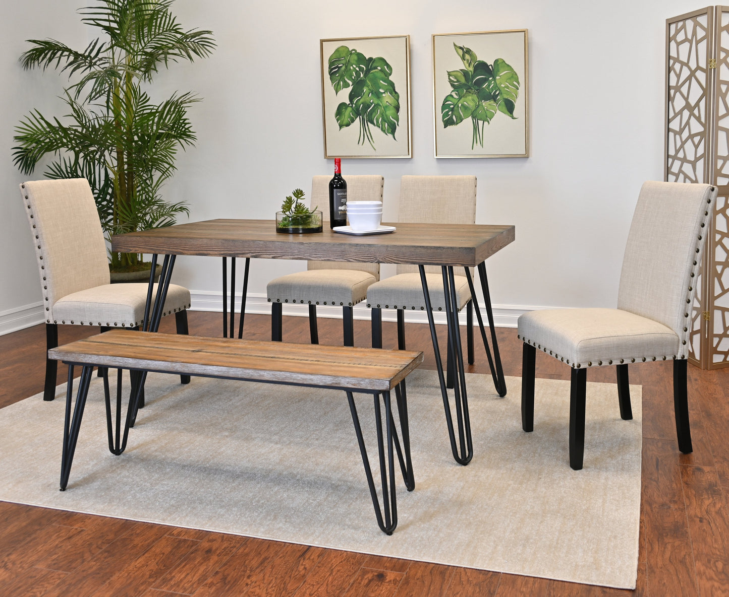 Amisos 6-Piece Dining Set, Hairpin Dining Table with 4 Chairs and a Wood Bench, 3 Color Options