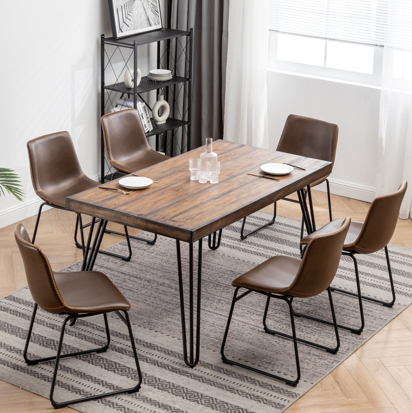 Roundhill Furniture Aryven Industrial Dining Set with Rustic Dark Pine Table and 6 Faux Leather Chairs, 7-Piece