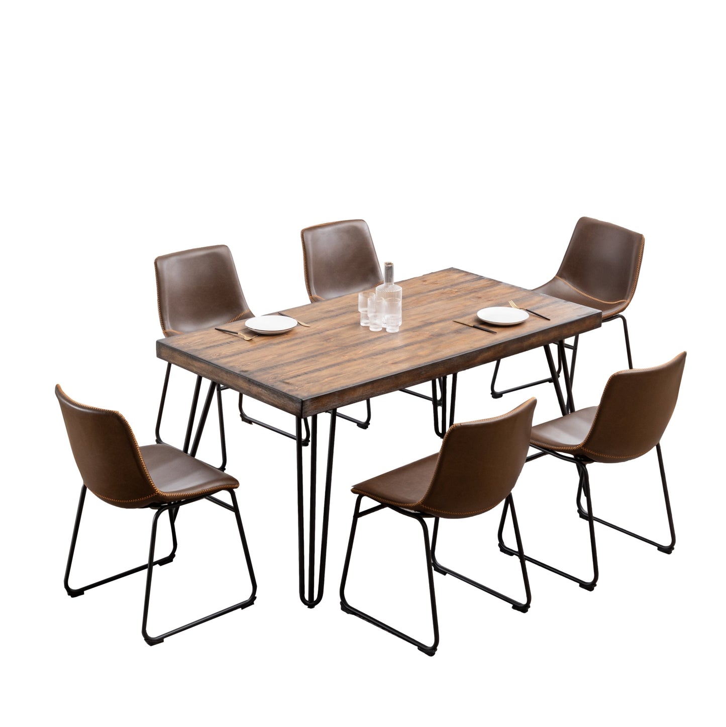 Roundhill Furniture Aryven Industrial Dining Set with Rustic Dark Pine Table and 6 Faux Leather Chairs, 7-Piece