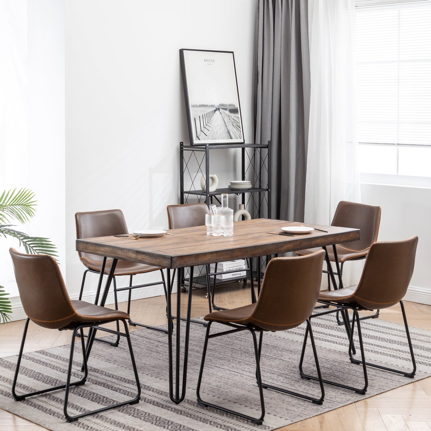 Roundhill Furniture Aryven Industrial 7-Piece Dining Set, Antique Brown