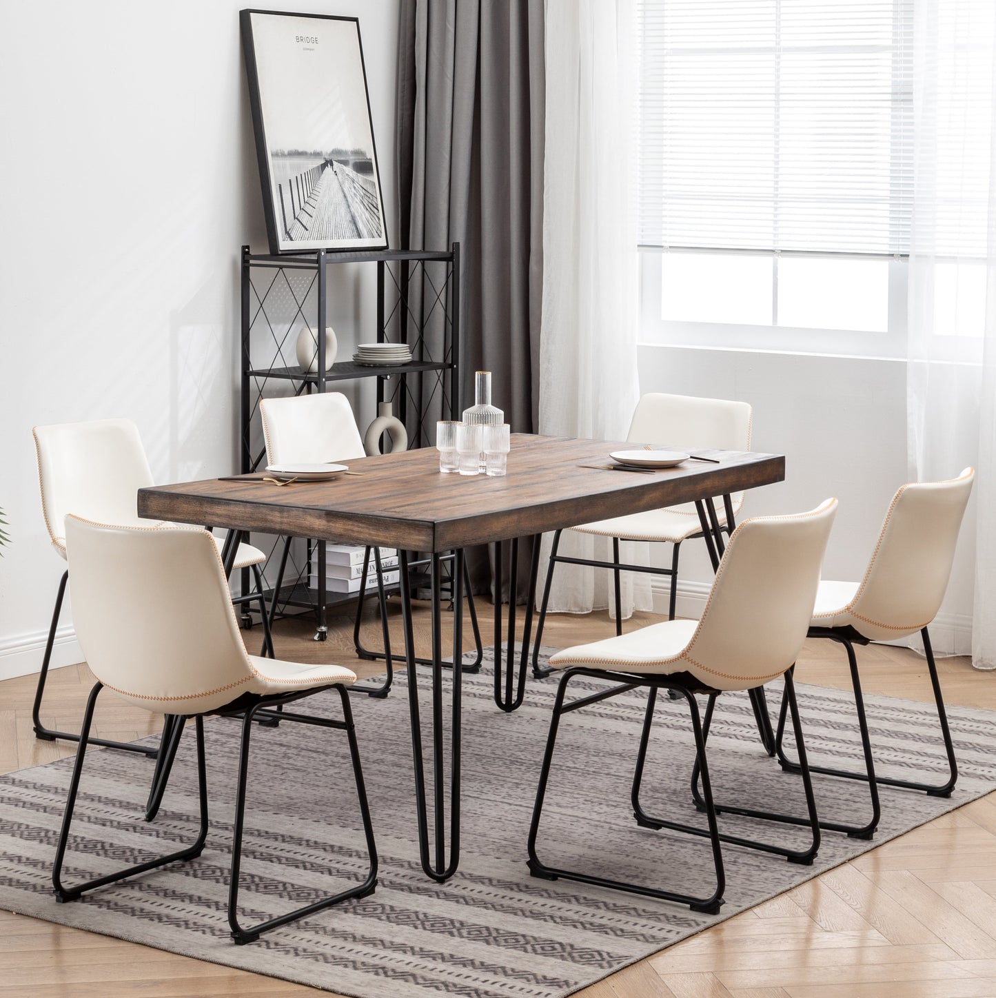 Aryven Industrial 7-Piece Dining Set, Antique White
