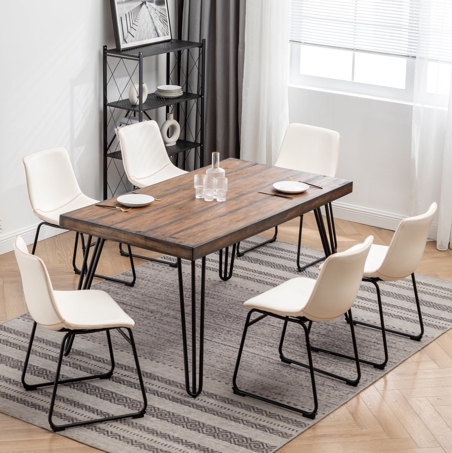 Aryven Industrial 7-Piece Dining Set, Antique White