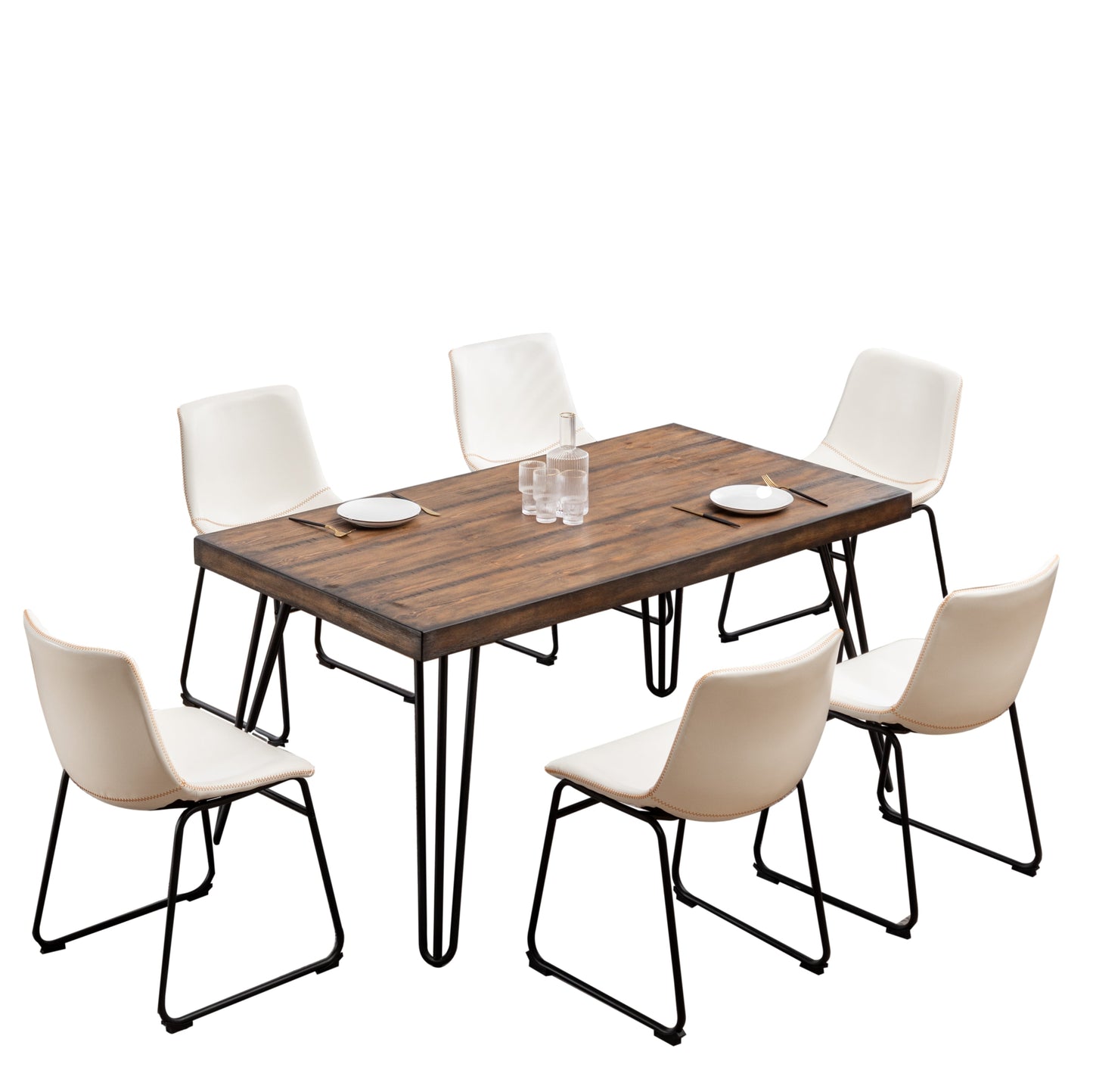 Roundhill Furniture Aryven Industrial Dining Set with Rustic Dark Pine Table and 6 Faux Leather Chairs, 7-Piece