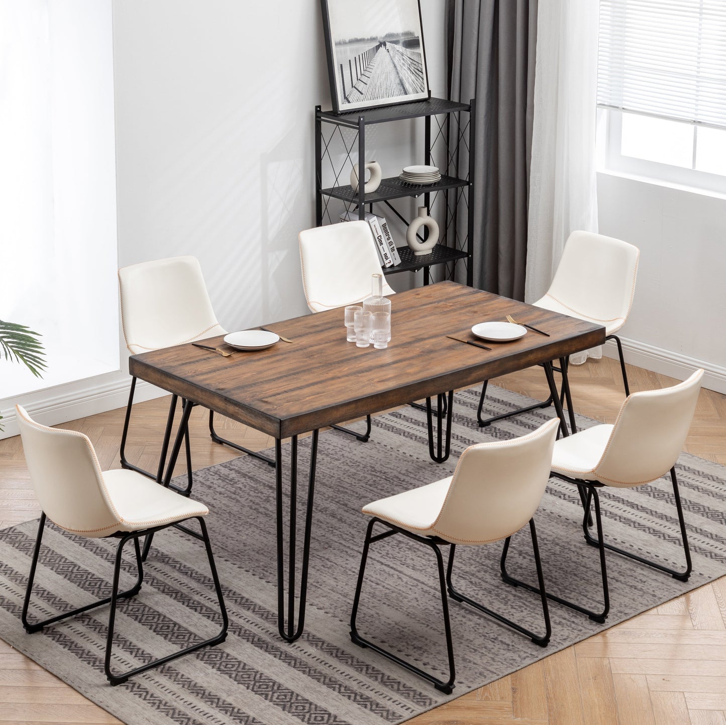 Aryven Industrial 7-Piece Dining Set, Antique White