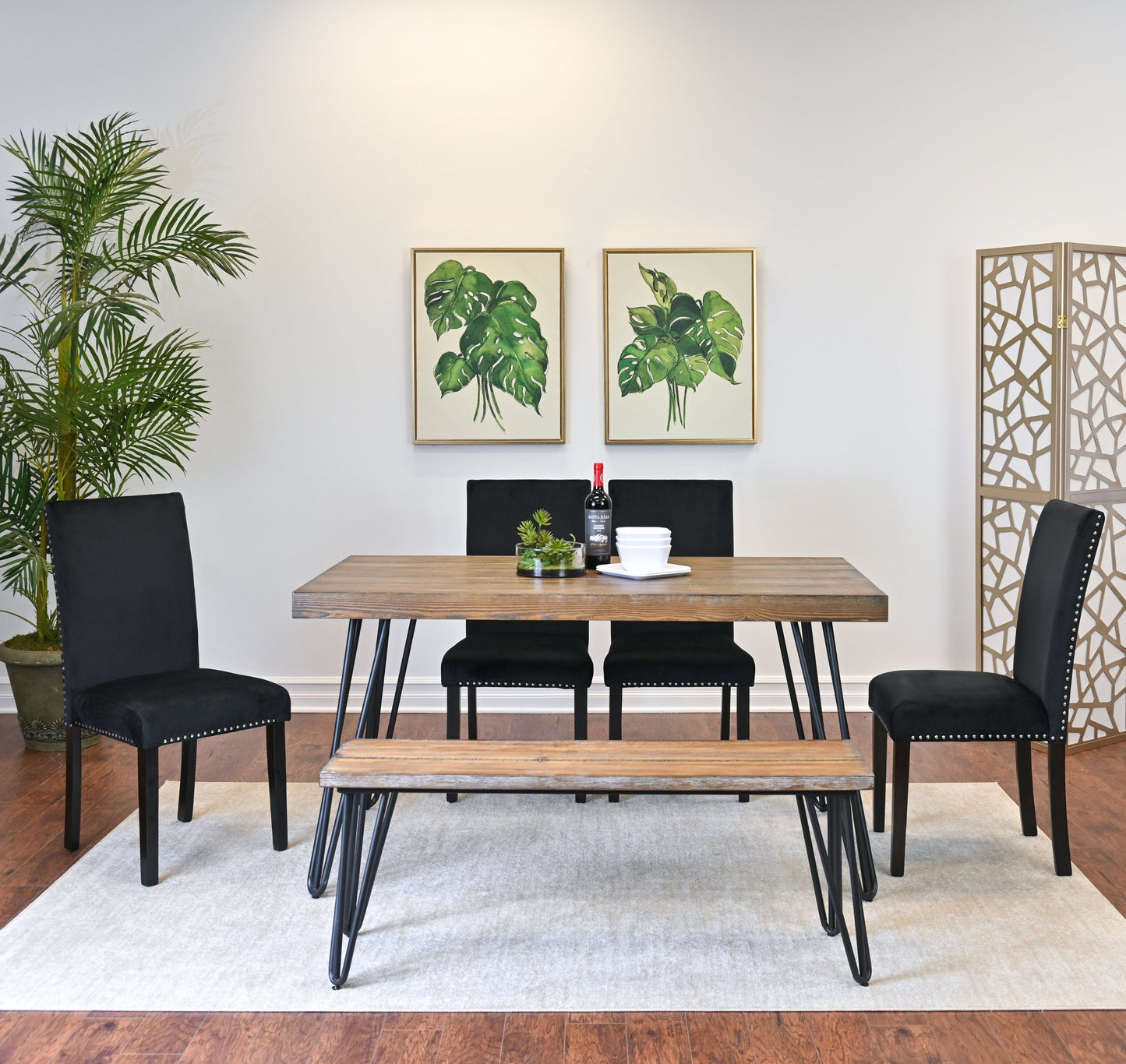 Ashzo 6-Piece Dining Set, Hairpin Dining Table with 4 Chairs and Bench, 3 Color Options