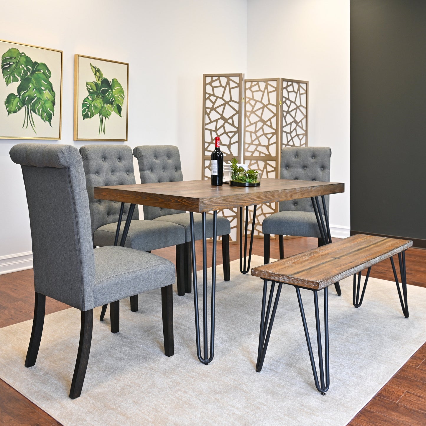 Ashford 6-Piece Dining Set, Hairpin Dining Table with 4 Chairs and Bench, 4 Color Options