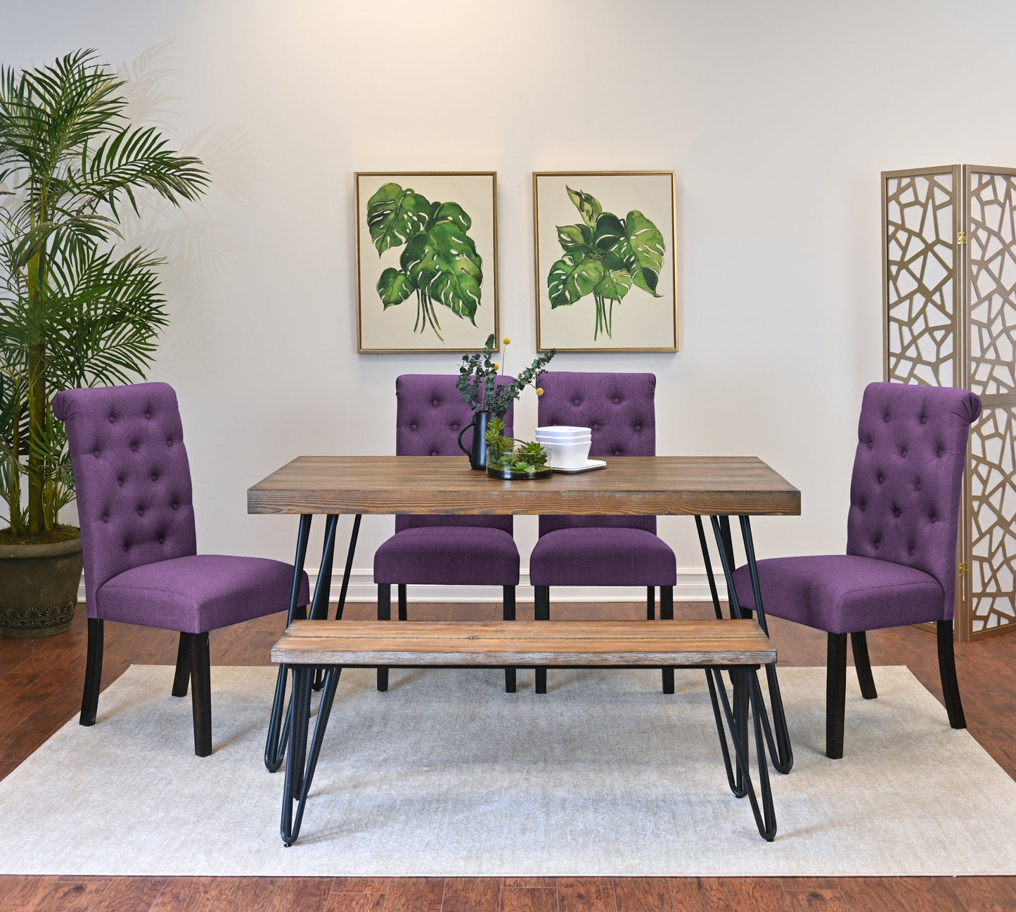 Ashford 6-Piece Dining Set, Hairpin Dining Table with 4 Chairs and Bench, 4 Color Options
