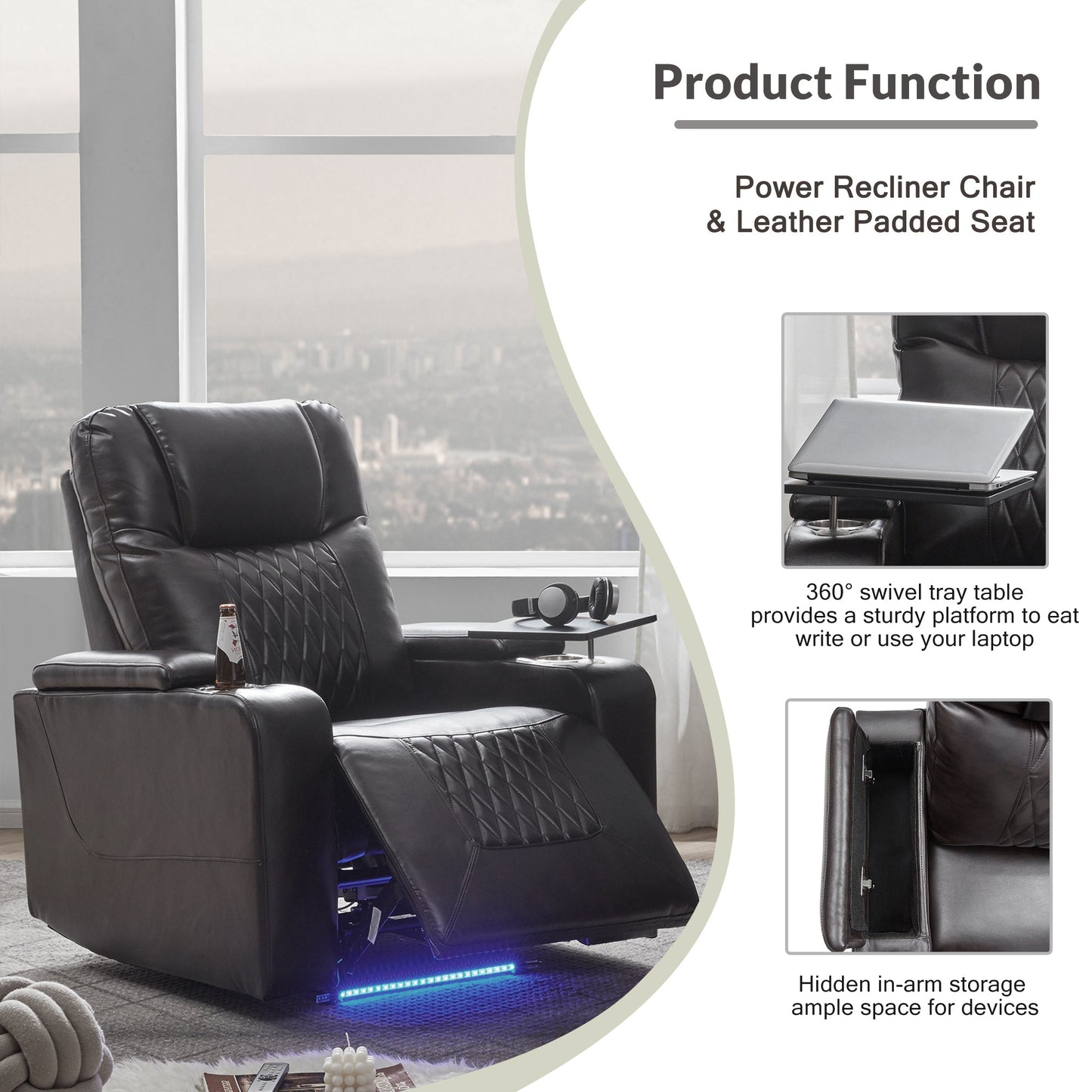 Power Motion Recliner with USB Charging Port and Hidden Arm Storage 2 Convenient Cup Holders Design and 360° Swivel Tray Table, Black