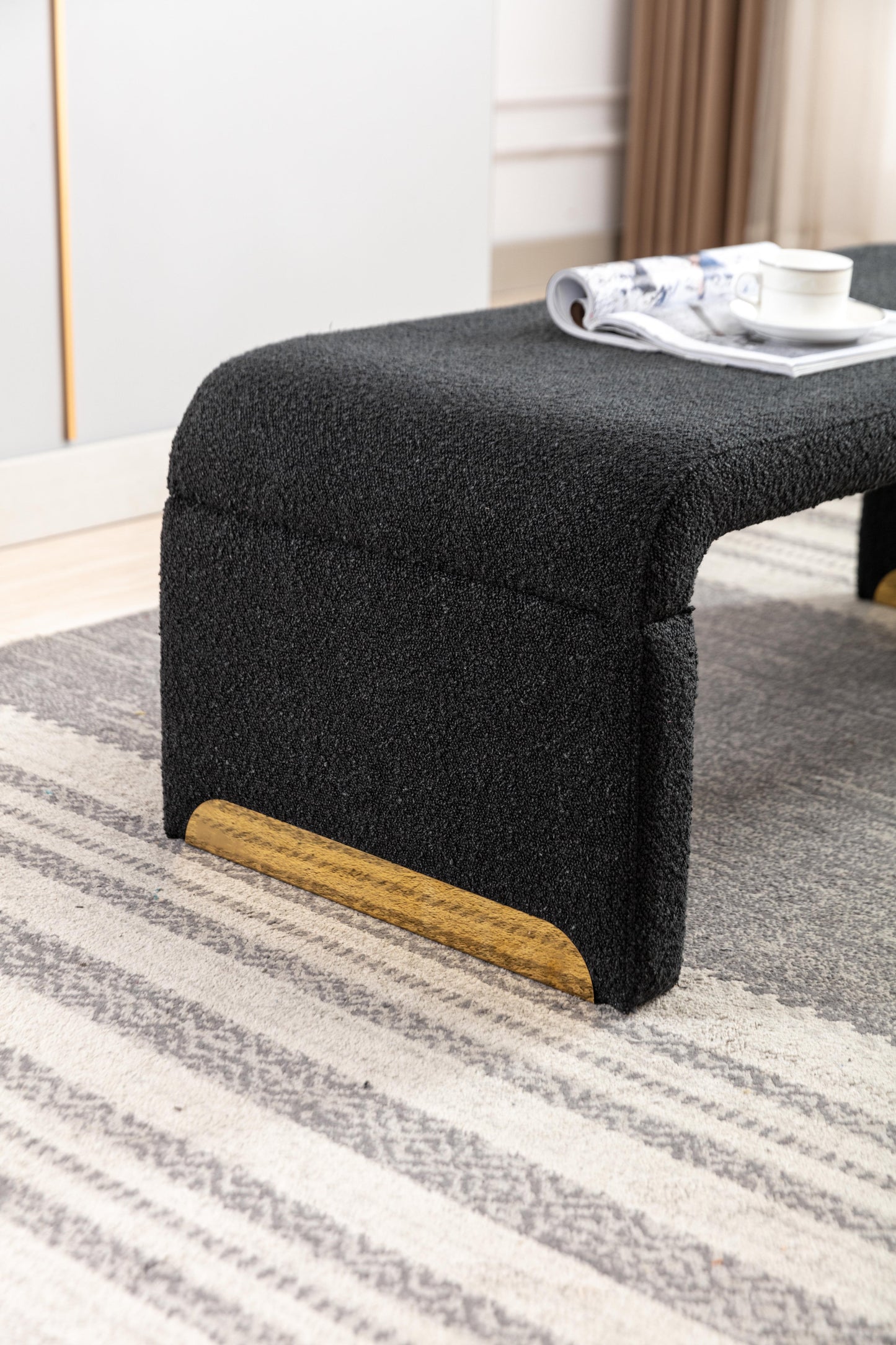 Boucle Fabric Footstool Bedroom Bench Shoe Bench With Gold Metal Legs, Black