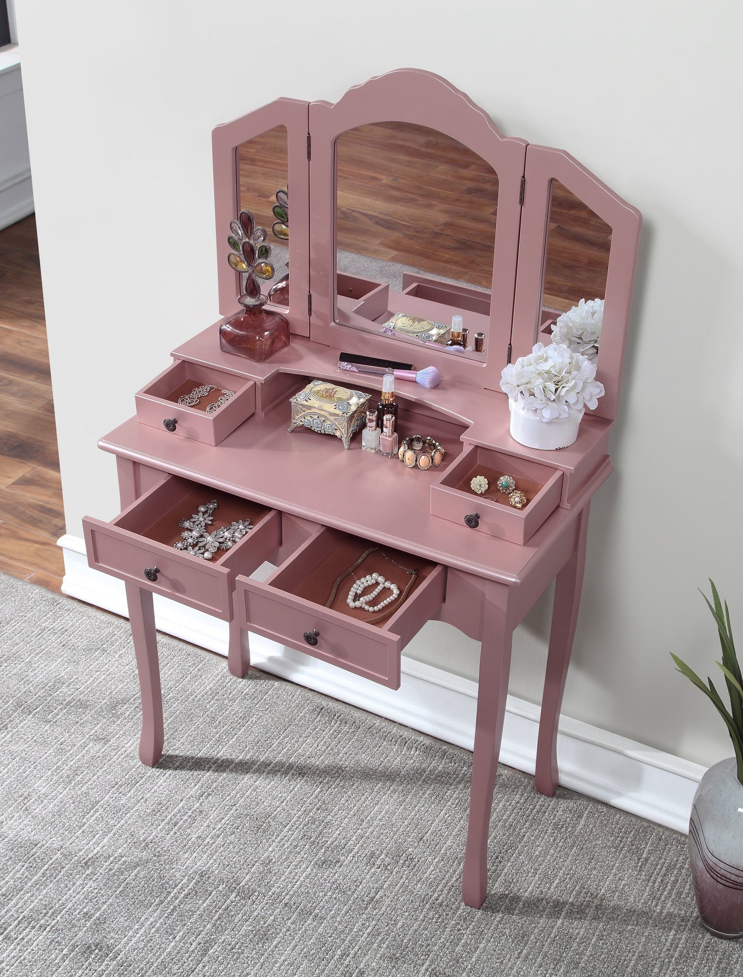 Sanlo Wooden Vanity Make Up Table and Stool Set, Rose Gold