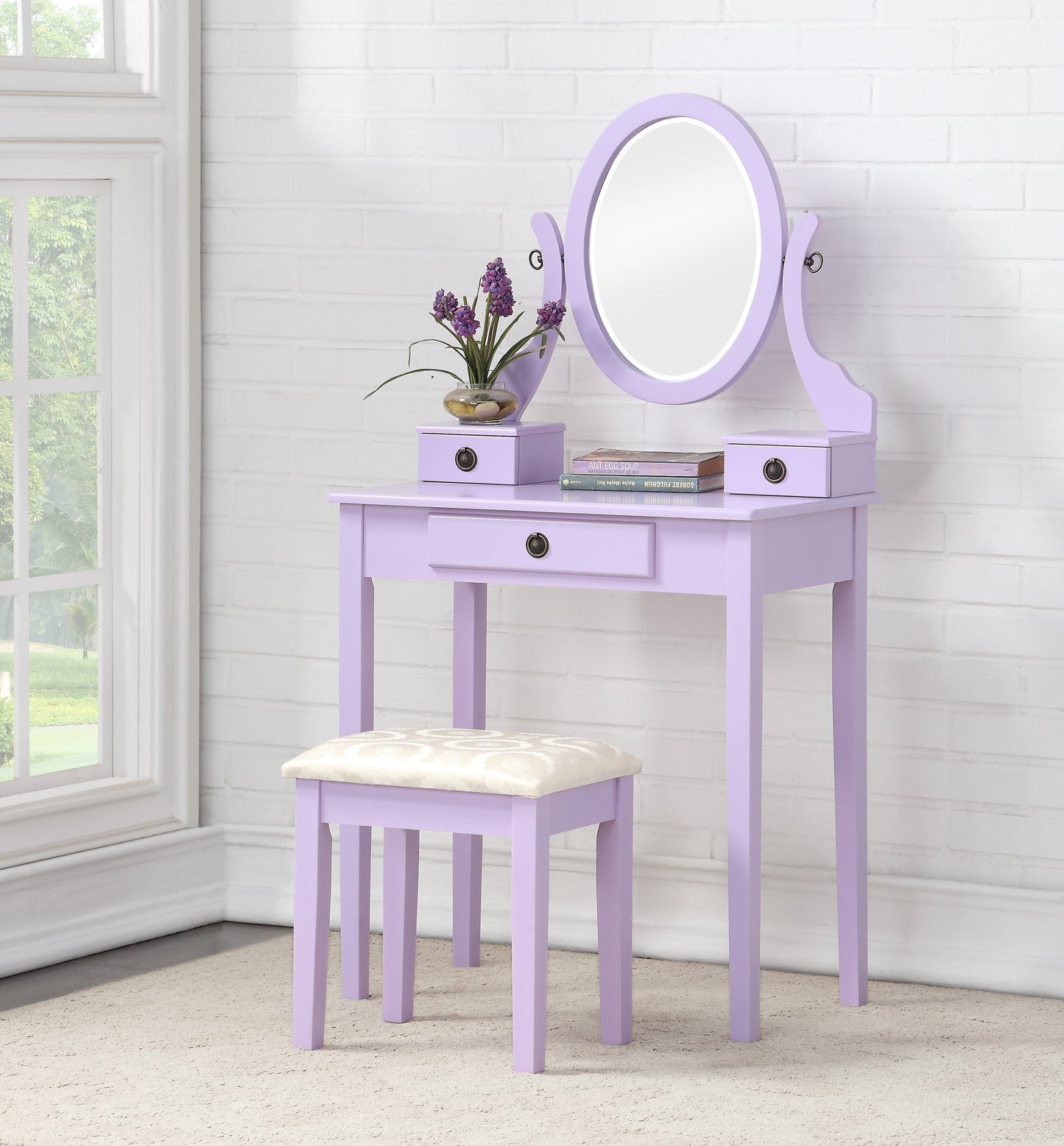 Moniya Purple Wood Makeup Vanity Table and Stool Set