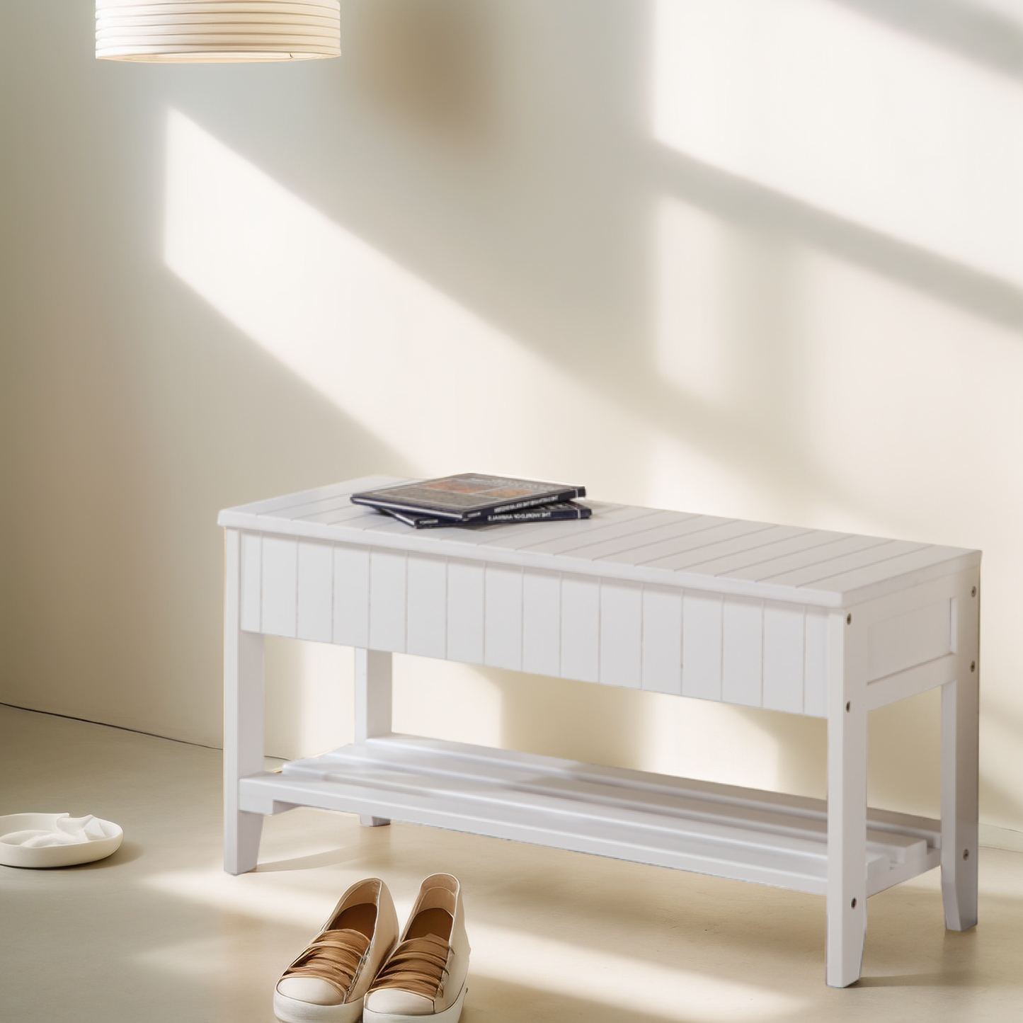 Rennes White Finish Quality Solid Wood Shoe Bench With Storage