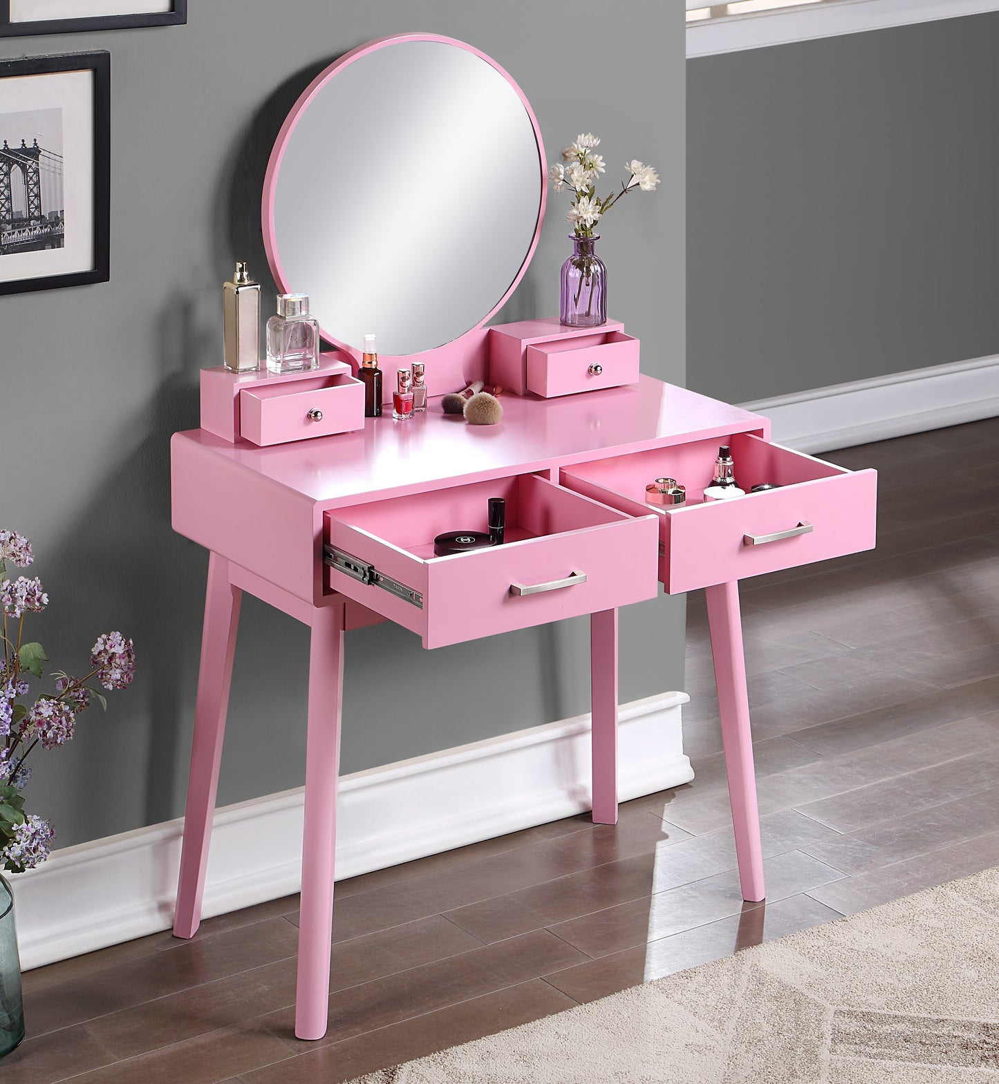 Liannon Contemporary Wood Vanity and Stool Set, Pink