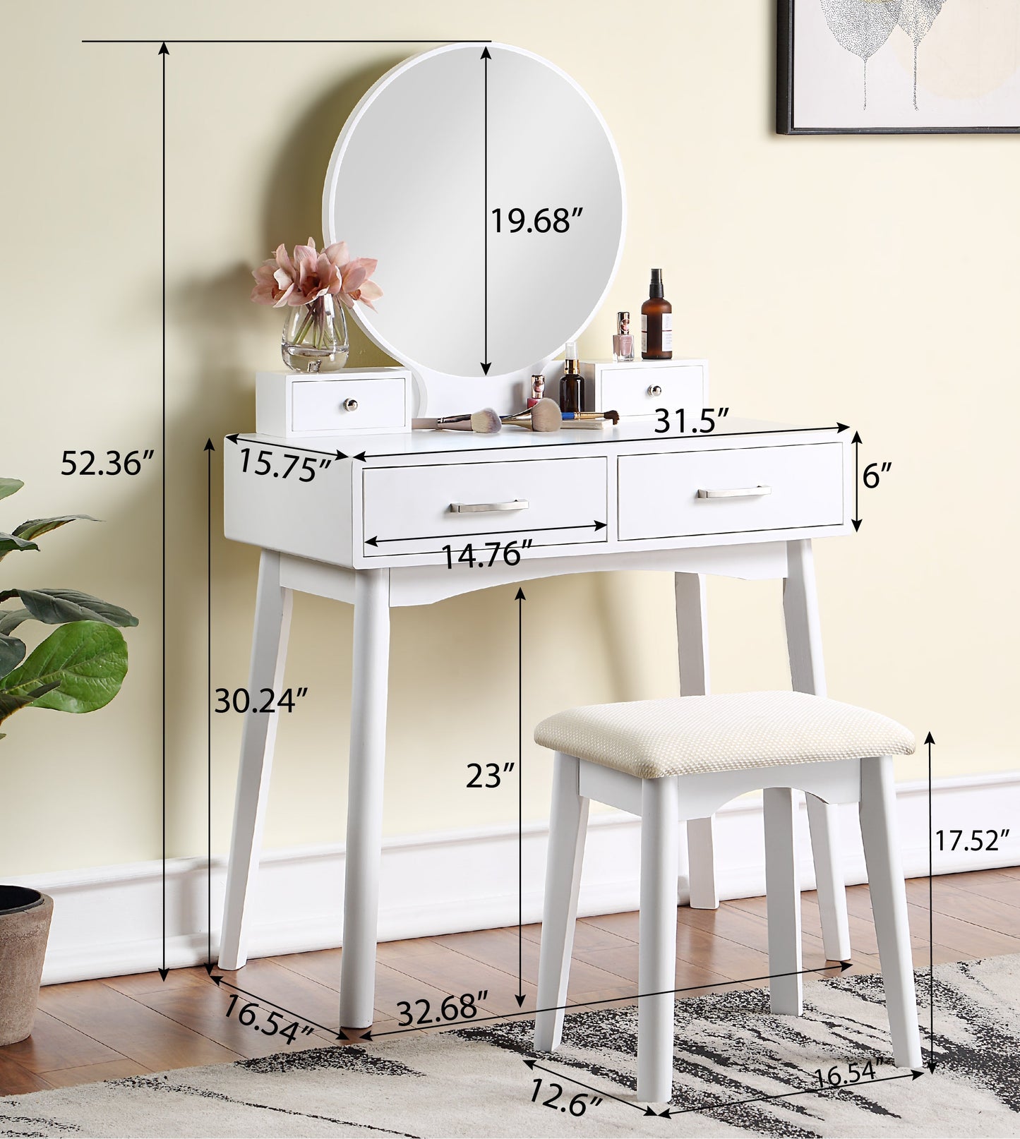Liannon Contemporary Wood Vanity and Stool Set, White