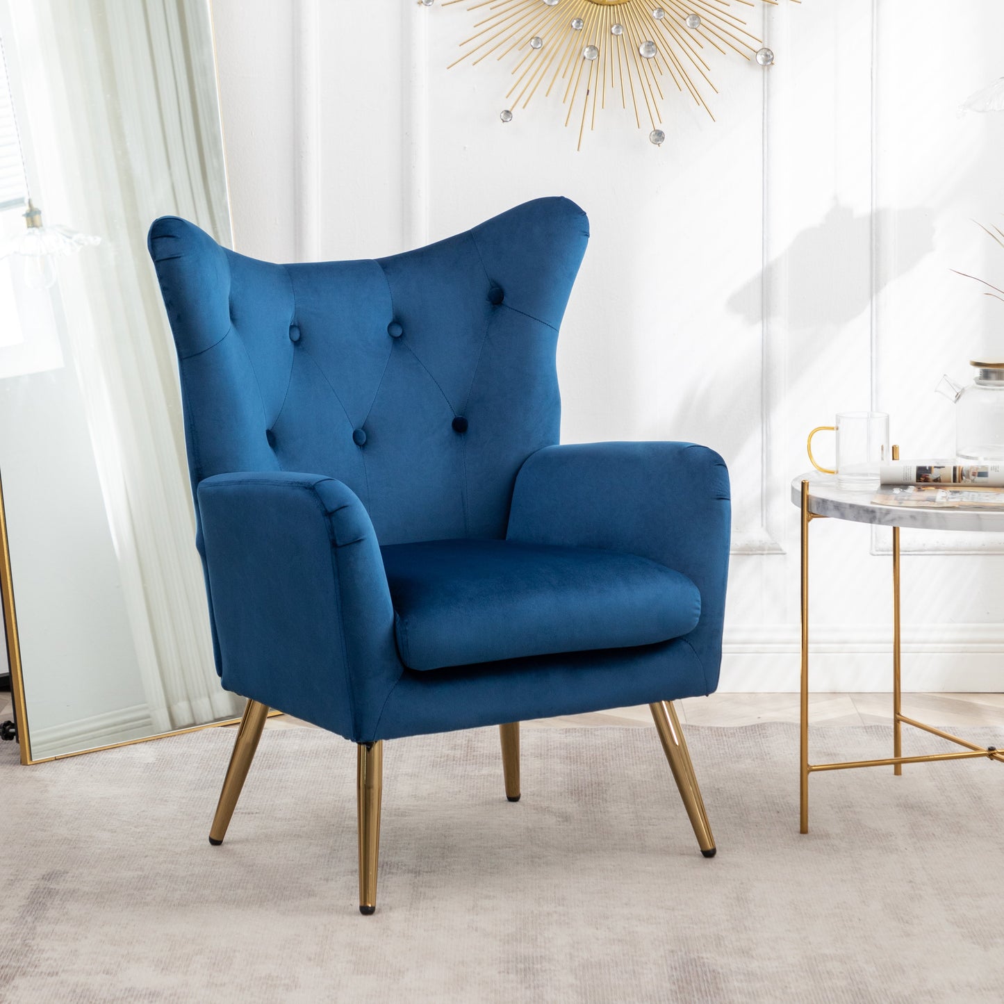 Roundhill Furniture Sovarol Velvet Button-Tufted Wing Back Accent Chair, Blue