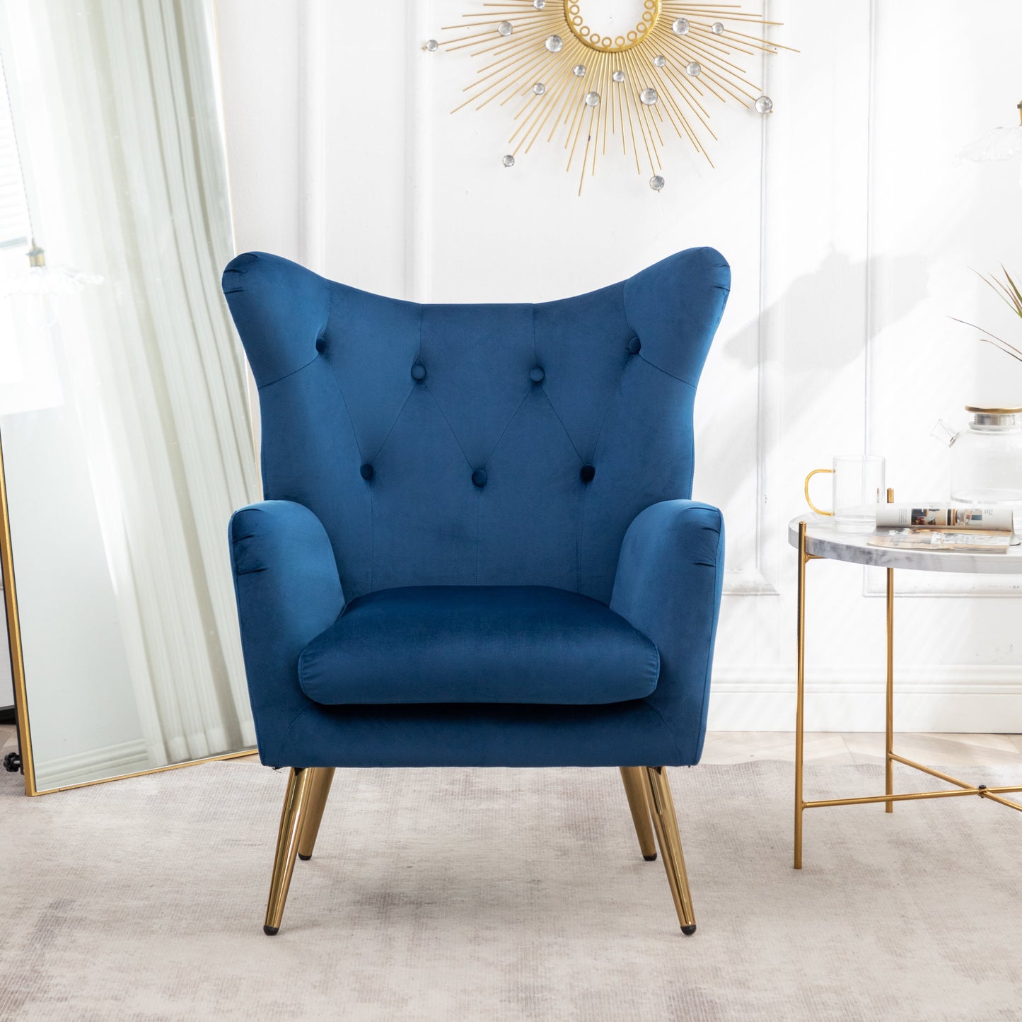 Roundhill Furniture Sovarol Velvet Button-Tufted Wing Back Accent Chair, Blue