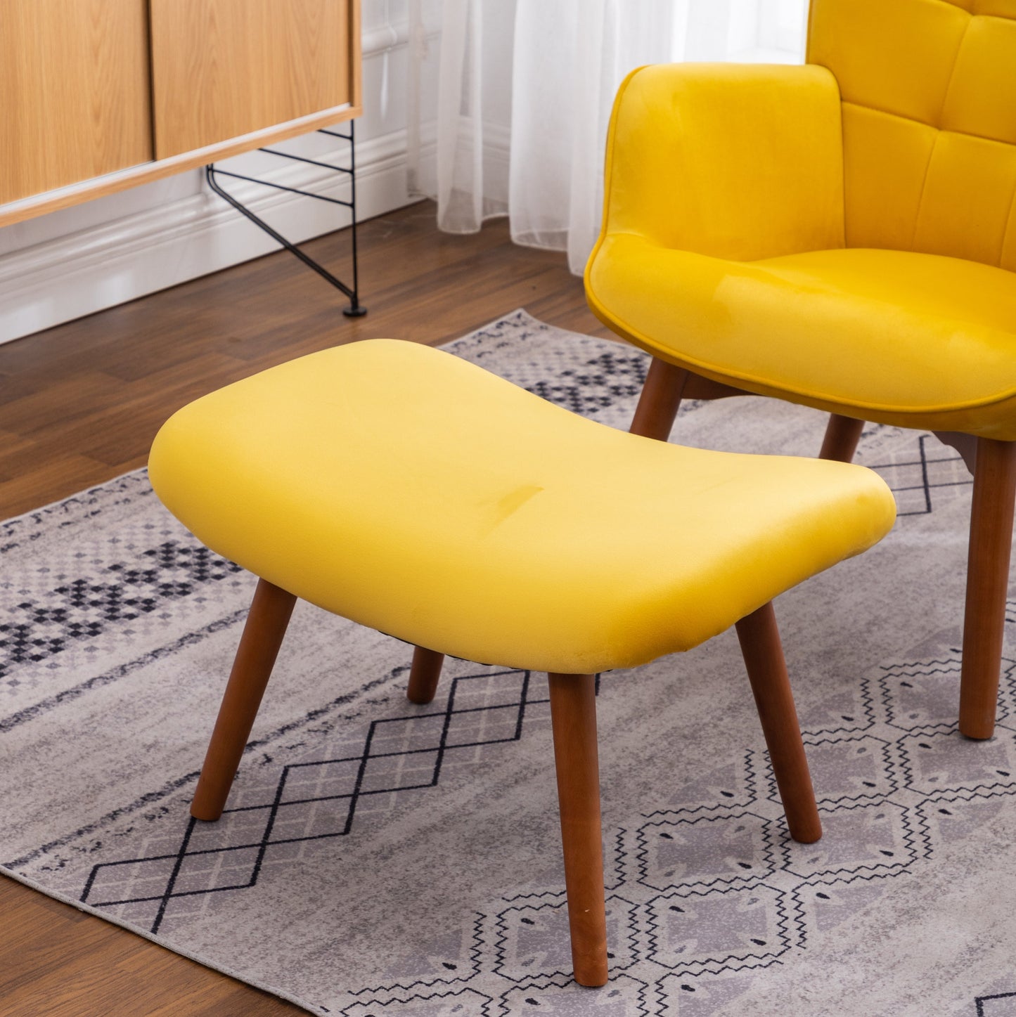 Leiria Contemporary Silky Velvet Tufted Accent Chair with Ottoman, Yellow