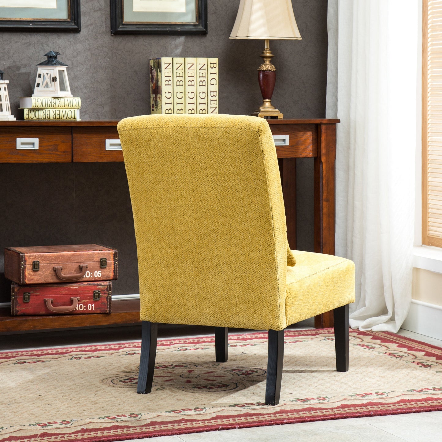Pisano Yellow chenille Fabric Armless Contemporary Accent Chair with Pillow