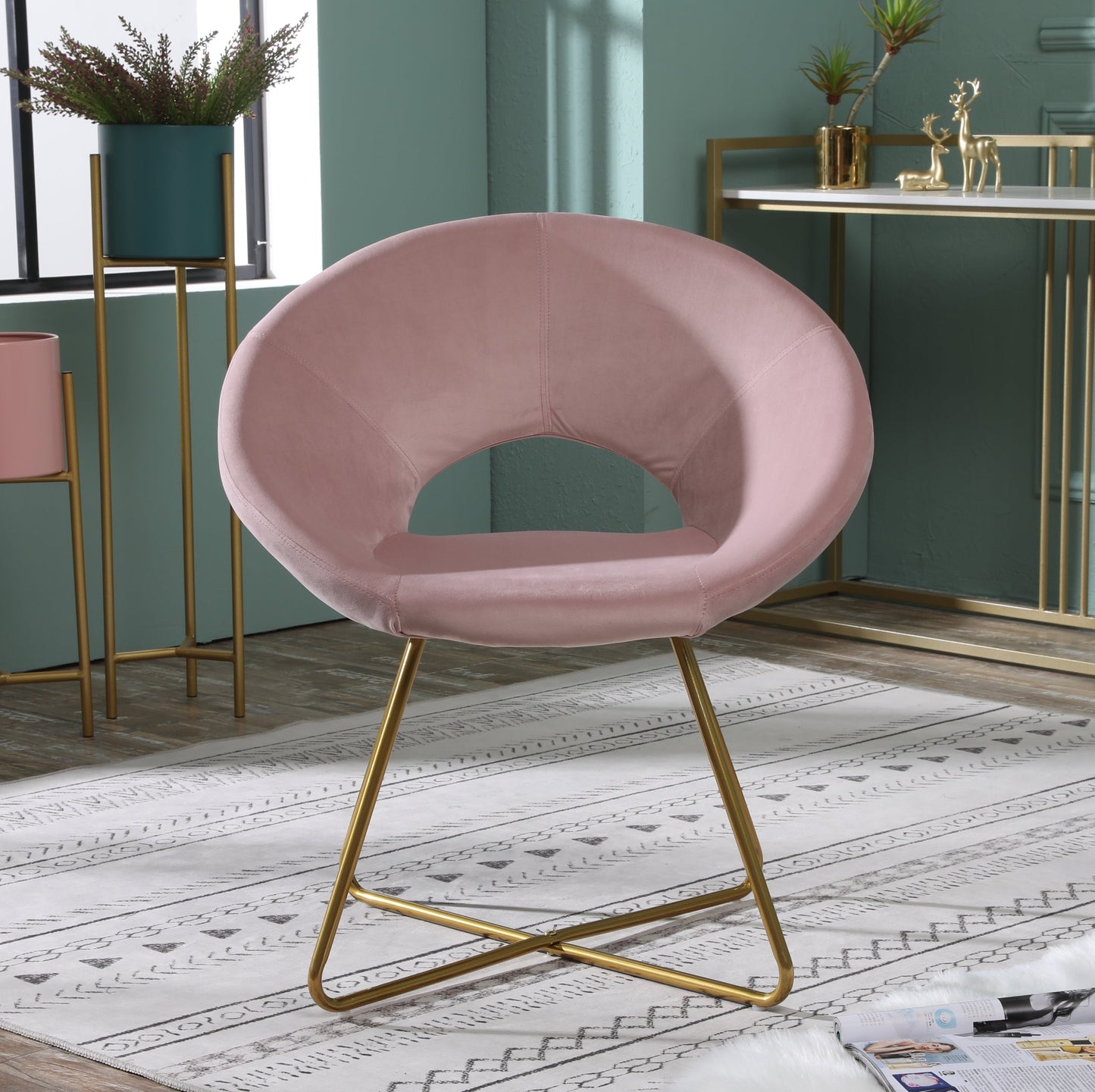 Slatina Pink Silky Velvet Upholstered Accent Chair with Gold Tone Finished Base