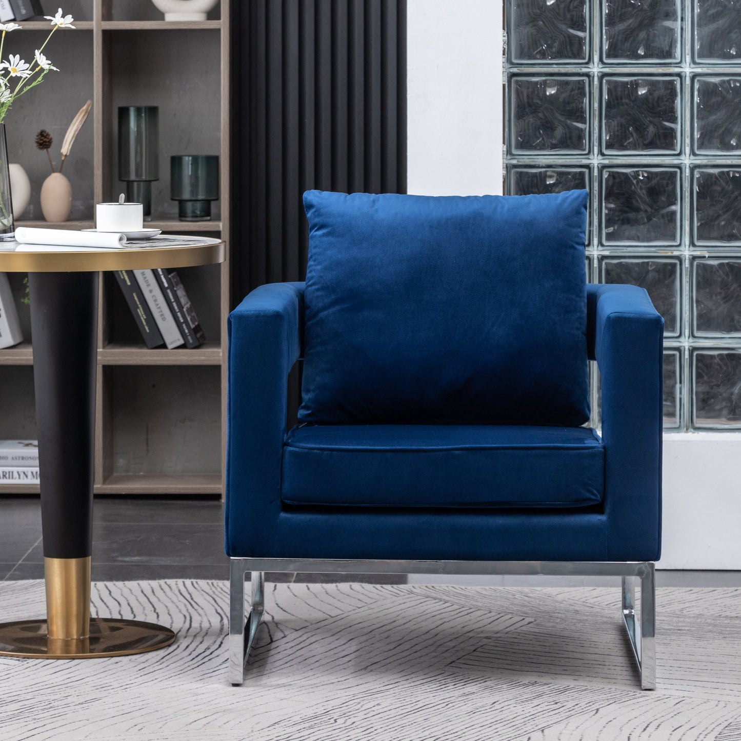 Lenola Contemporary Upholstered Accent Arm Chair, Chrome Base, Blue