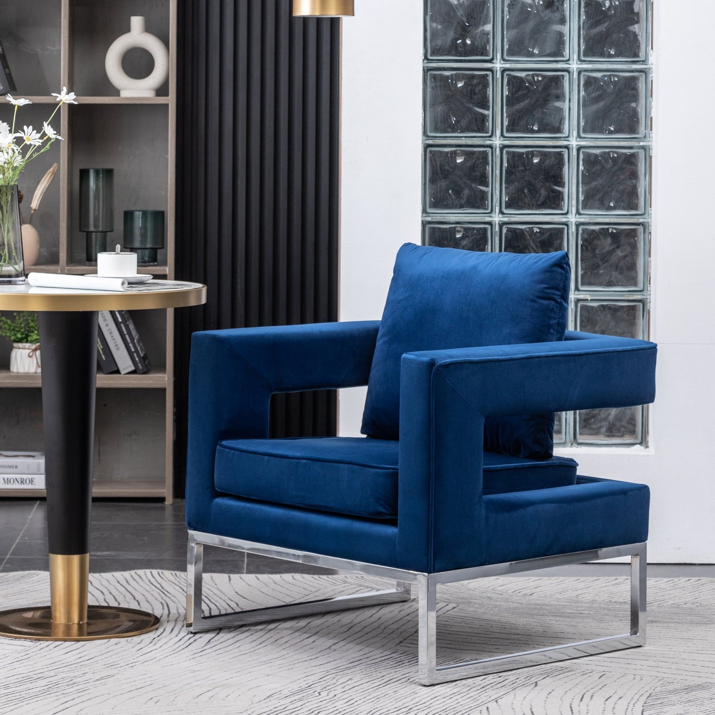 Lenola Contemporary Upholstered Accent Arm Chair, Chrome Base, Blue