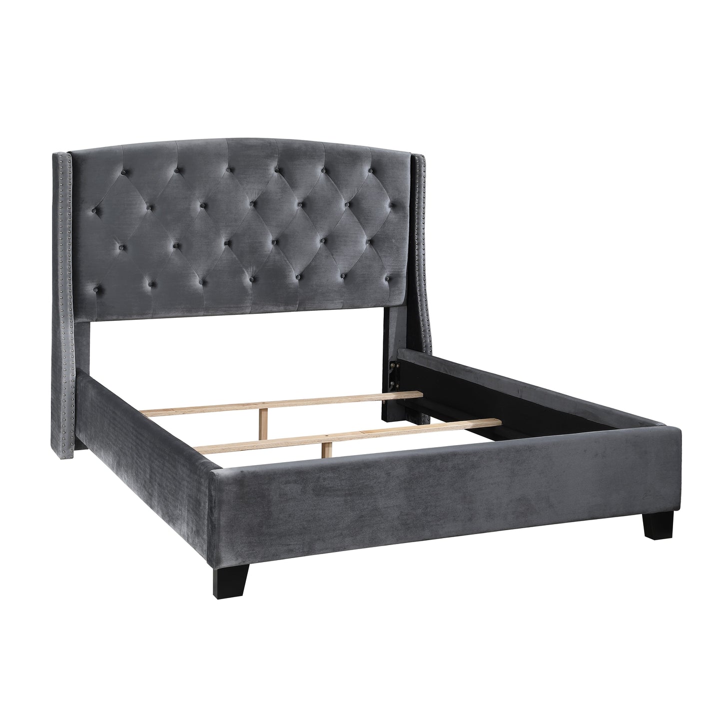 Summit Wingback Tufted Upholstered Bed with Nailhead in Gray