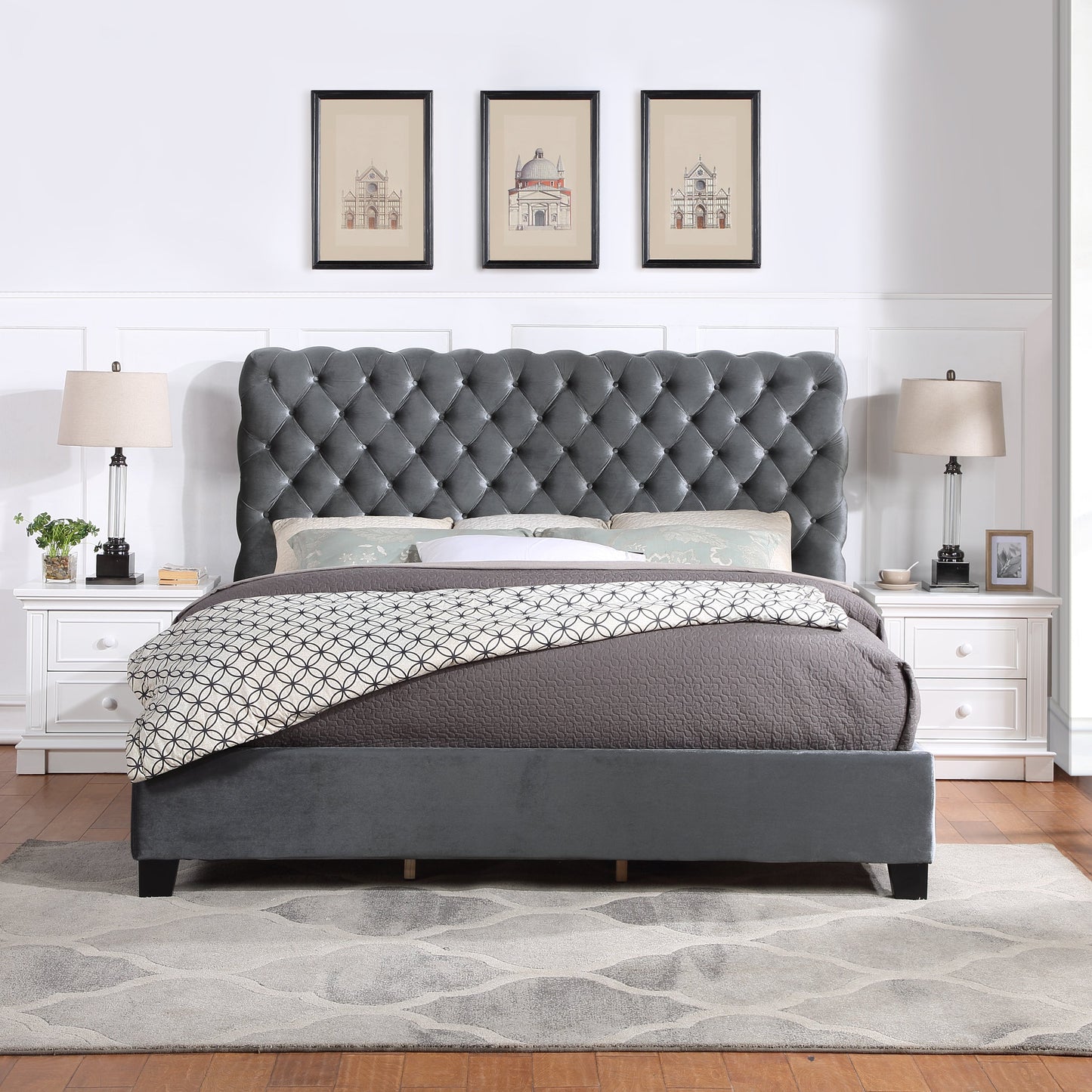 Apoera Velvet Upholstered Button Tufted Bed, Gray
