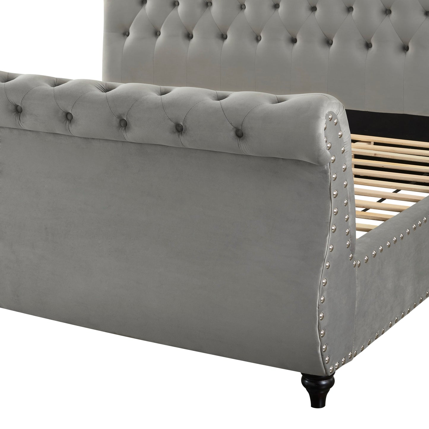Evora Gray Velvet Upholstered Button Tufted Sleigh Bed