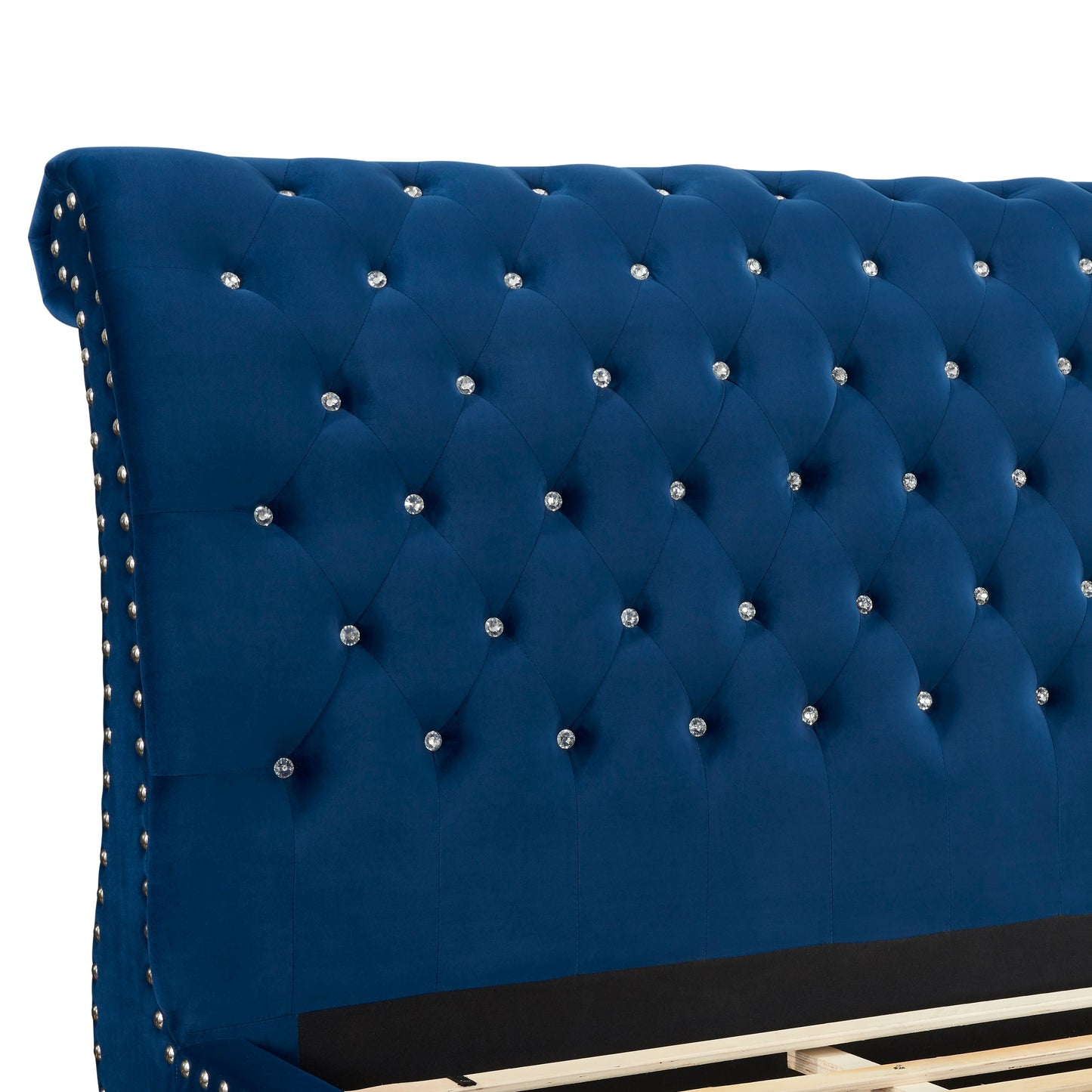 Evora Blue Velvet Upholstered Crystal Button Tufted Sleigh Bed