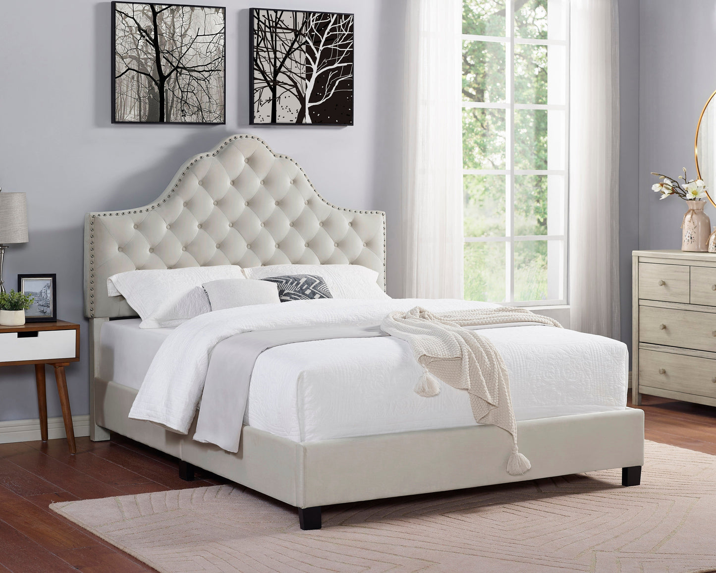 Floris Portman Style Diamond Tufted Upholstered Bed with Nailhead in Tan