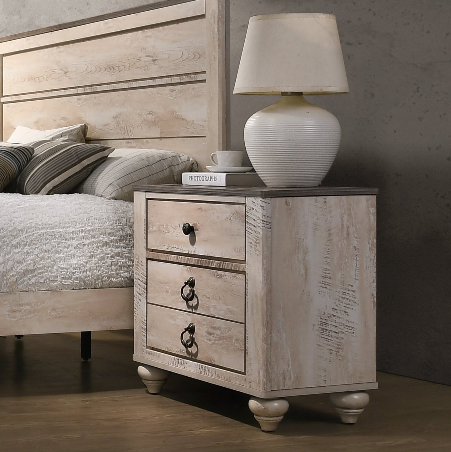 Imerland Contemporary White Wash Finish Patched Wood Top 3-drawer Nightstand
