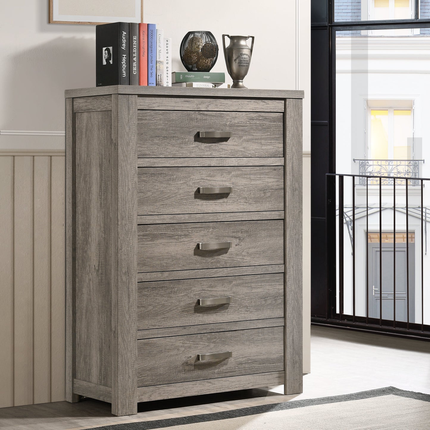 Floren Contemporary Weathered Gray Wood 5-Drawer Chest