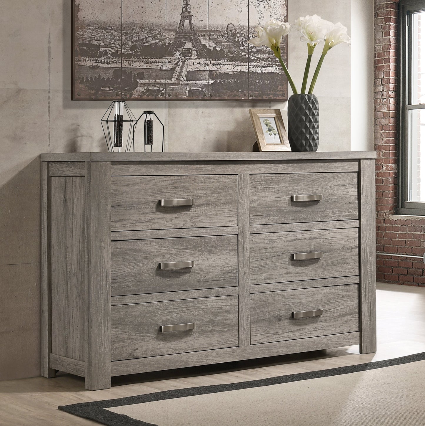 Floren Contemporary Weathered Gray Wood 6-Drawer Dresser with Mirror