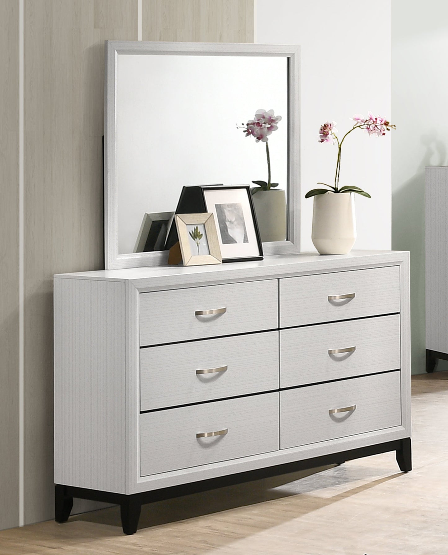 Stout Contemporary 6-Drawer Metal Bar Pulls Wood Dresser with Mirror, White