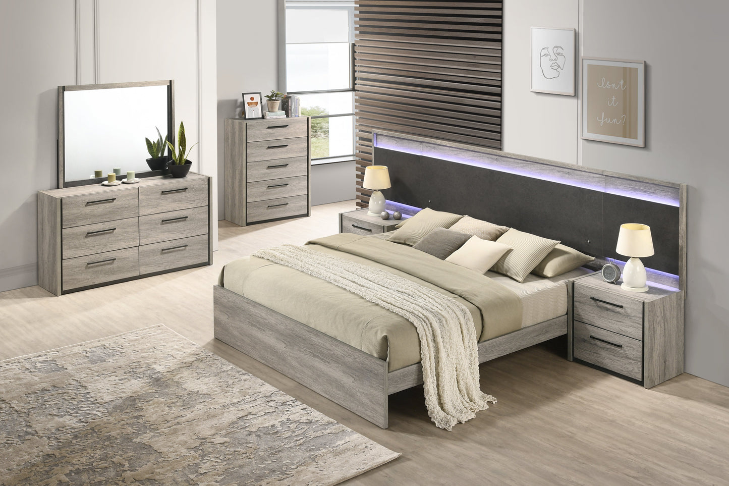 Roundhill Furniture Lenca LED Wallbed Collection - Weathered Gray