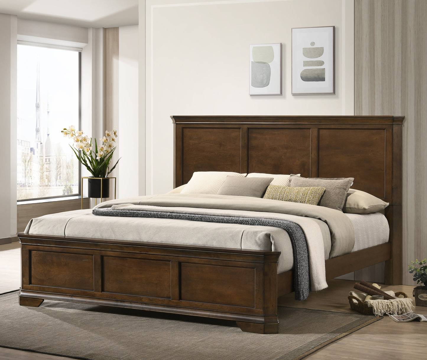 Maderne Traditional Wood Panel Bed, Antique Walnut Finish