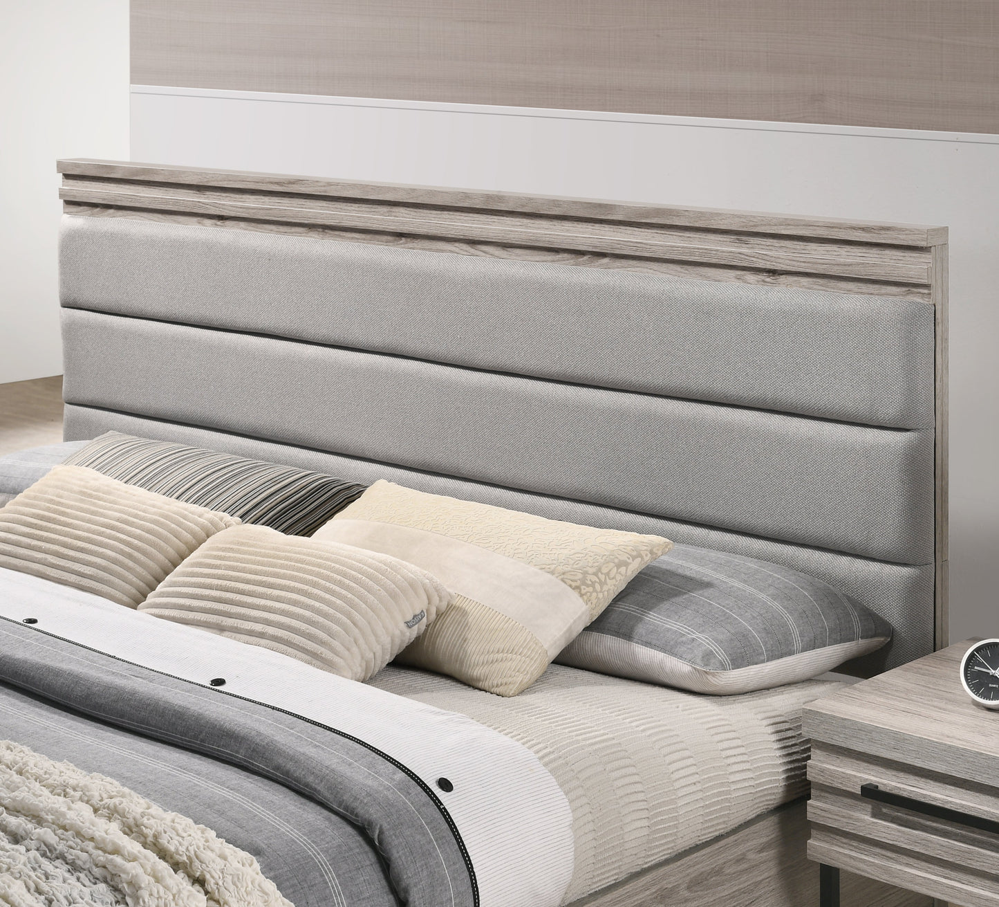 Alvear Upholstered Wood Panel Bed, Weathered Gray