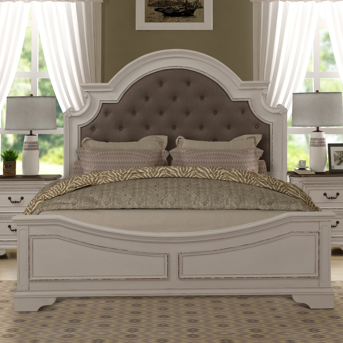 Laval Antique White and Oak Wood Upholstered Bed