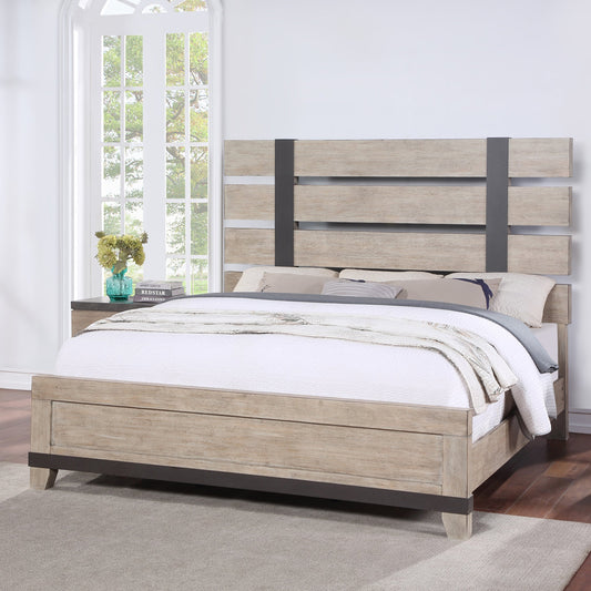 Arbela Wood Slatted Panel Bed, Weathered Oak Finish