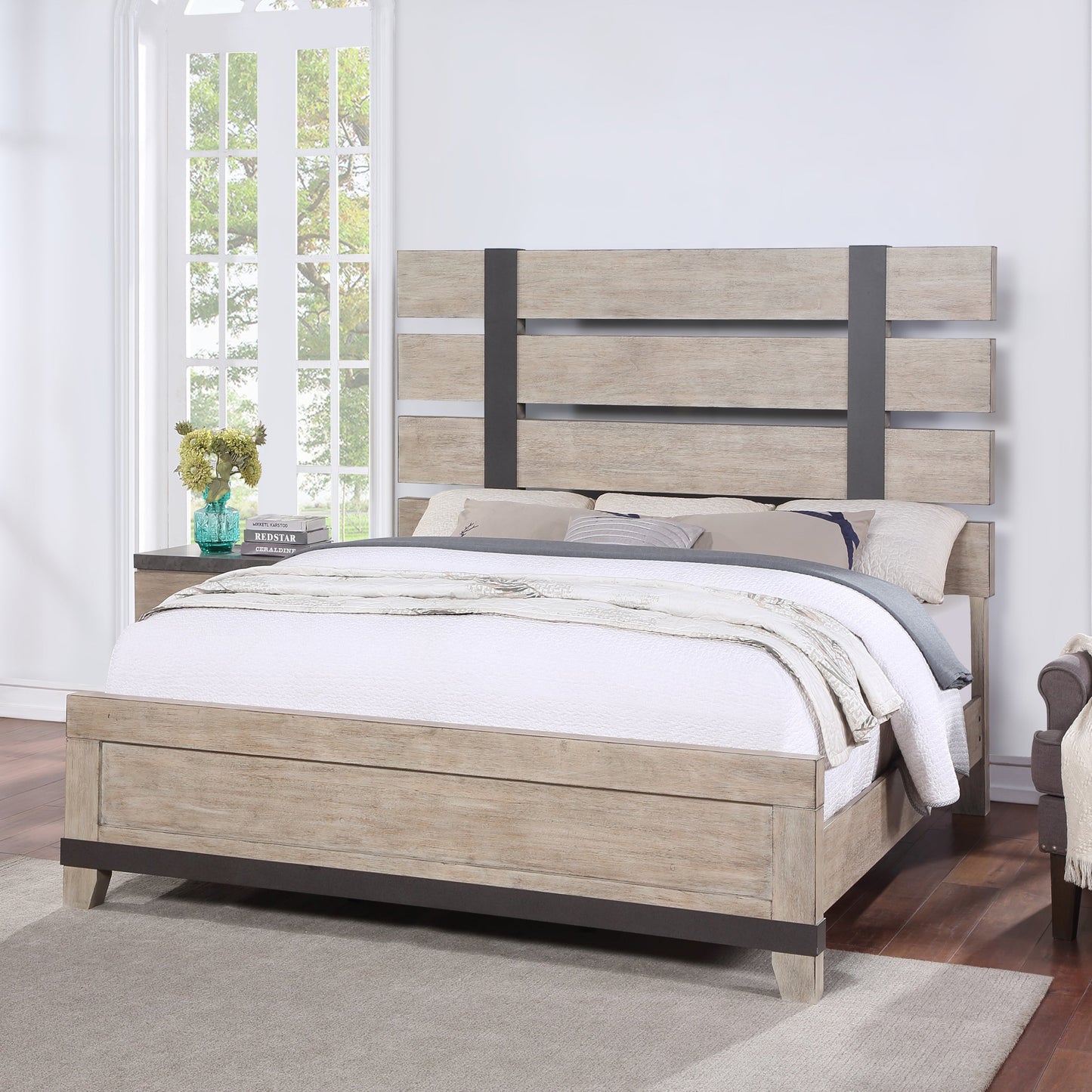Arbela Wood Slatted Panel Bed, Weathered Oak Finish