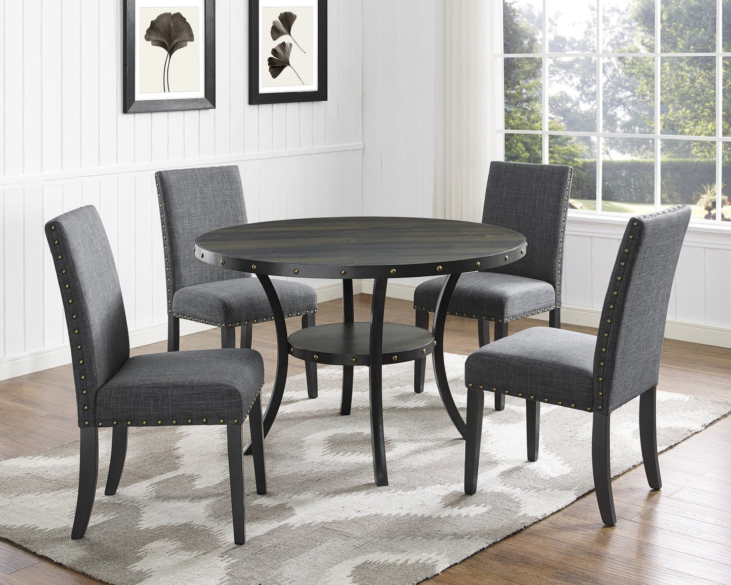 Biony Gray Fabric Dining Chairs with Nailhead Trim, Set of 2