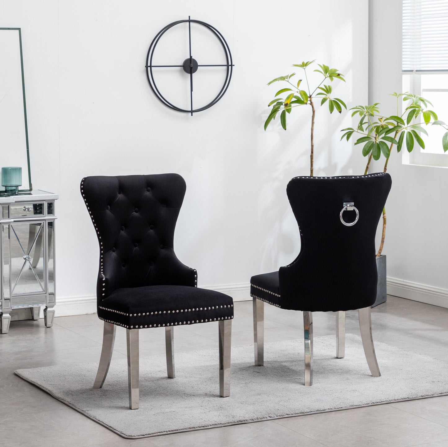 Montura Contemporary Tufted Velvet Chair with Nailhead Trim, Set of 2, Black