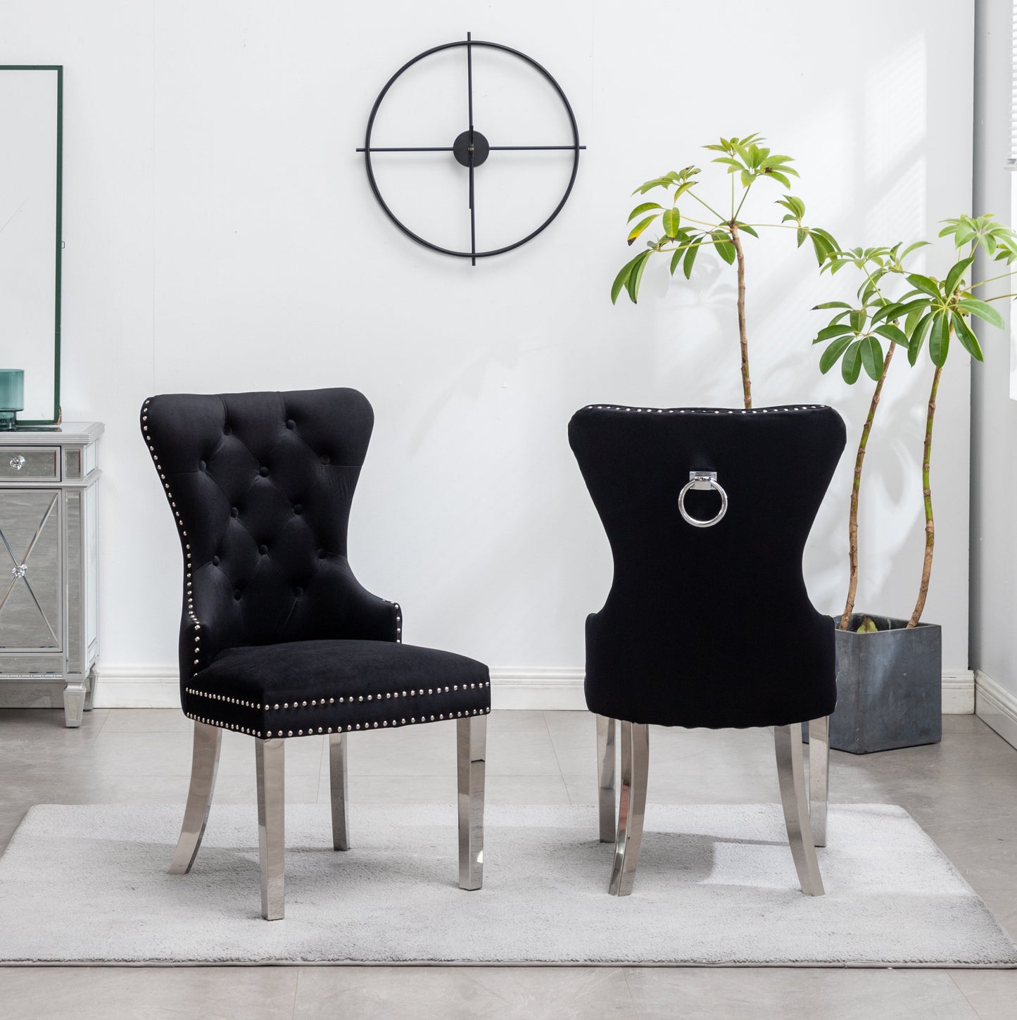 Montura Contemporary Tufted Velvet Chair with Nailhead Trim, Set of 2, Black
