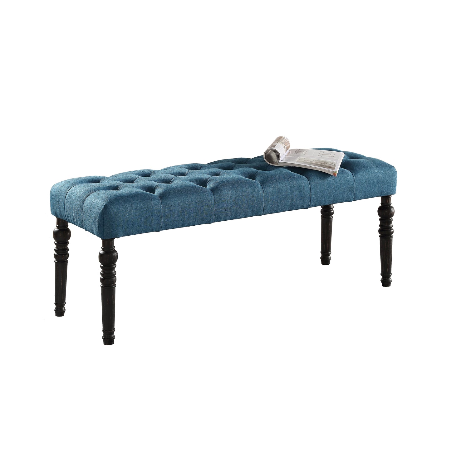 Leviton Fabric Tufted Turned Leg Dining Bench, Blue