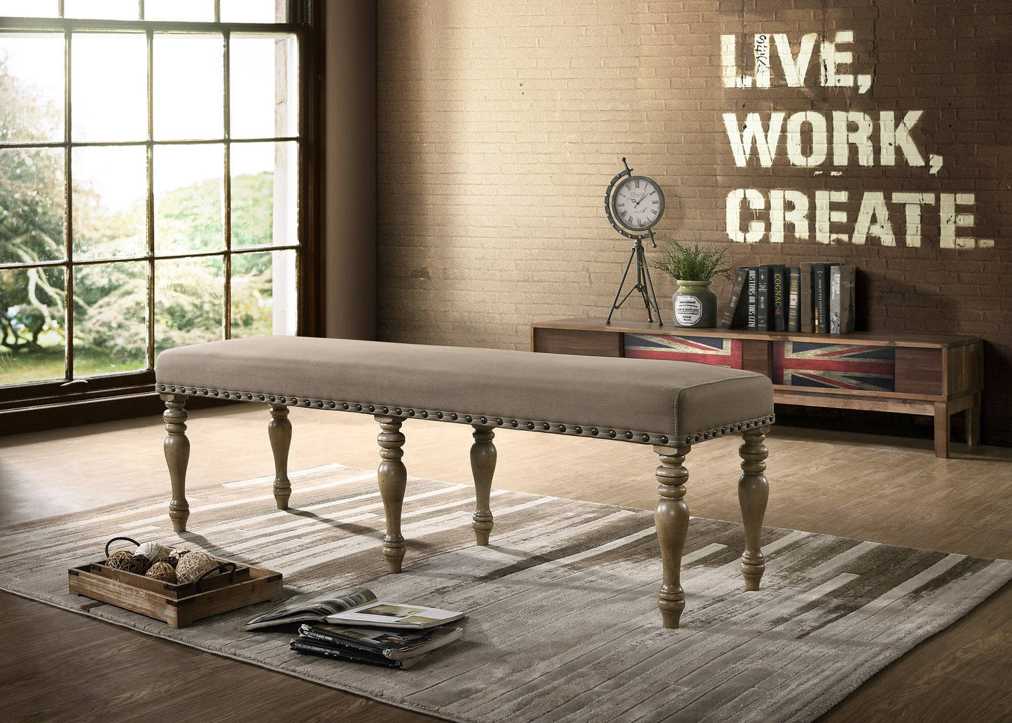Birmingham Microfiber Upholstered Bench with Nail Head Trim in Driftwood Finish