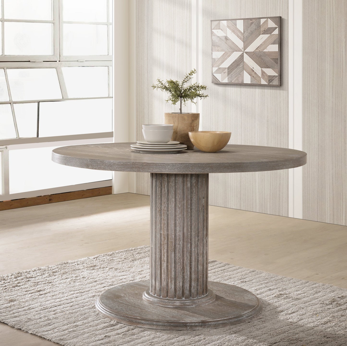 Ferran Wood Pedestal Dining Table Set in Reclaimed Gray