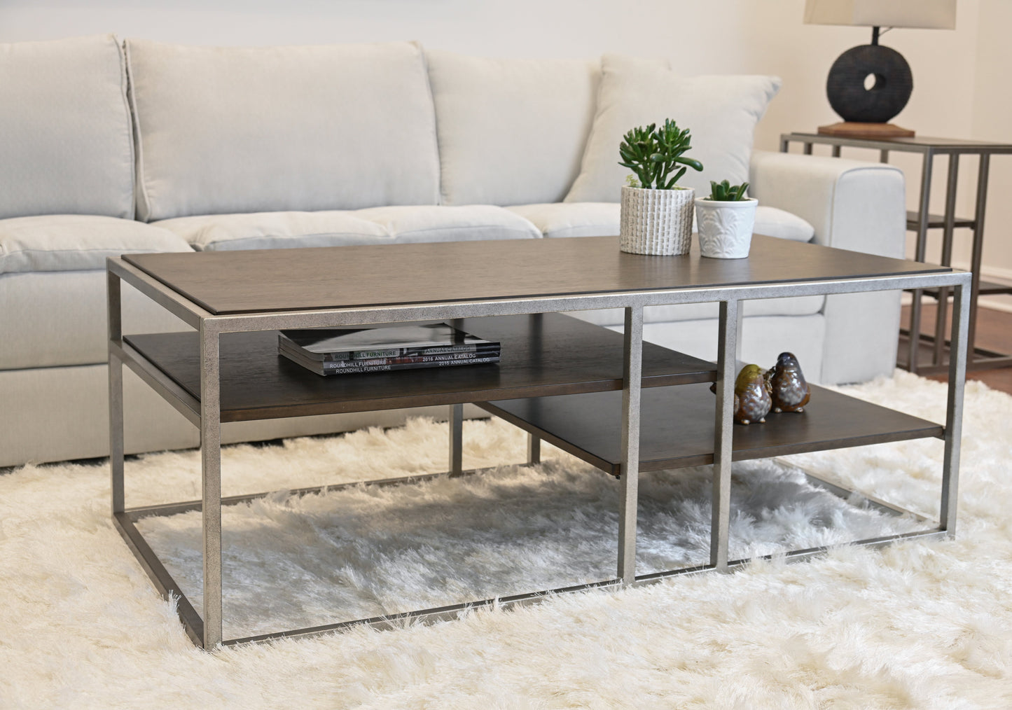 Roundhill Furniture Padena Metal Frame Wood Living Room Coffee Table with Shelf