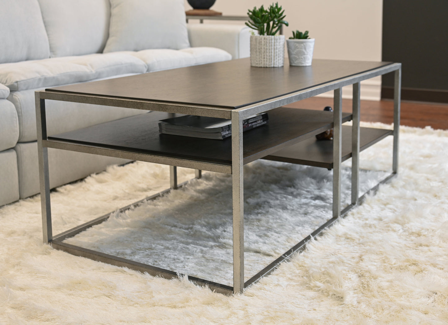 Roundhill Furniture Padena Metal Frame Wood Living Room Coffee Table with Shelf