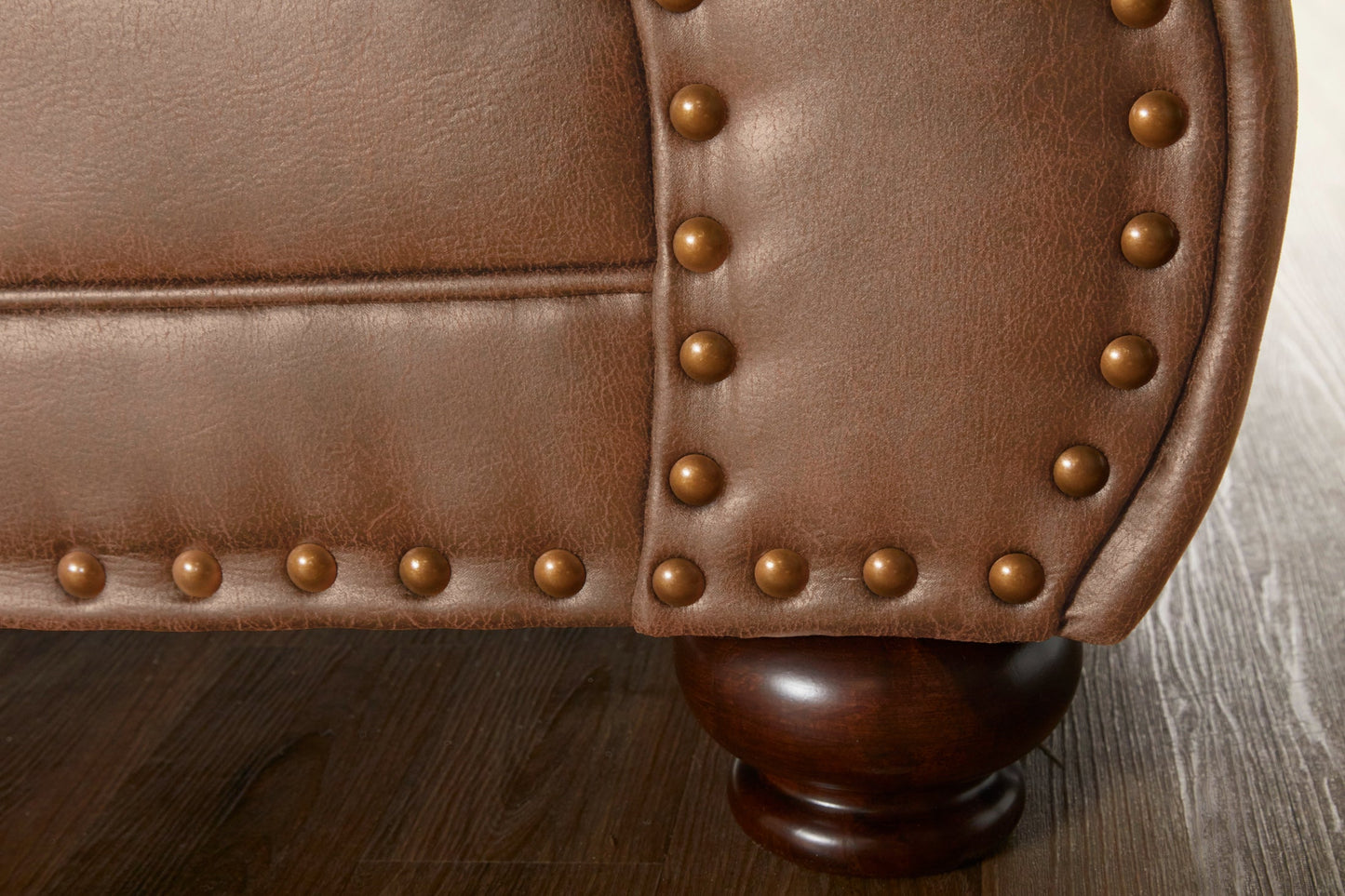 Leinster Faux Leather Loveseat with Antique Bronze Nailheads in Jetson Ginger