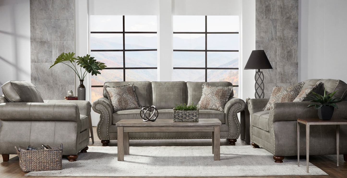 Leinster Faux Leather Upholstered Nailhead Living Room Collection in Stone Gray
